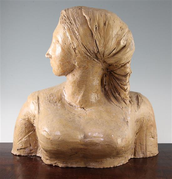 Quentin Bell (1910-1996). A terracotta bust of a woman wearing a headscarf,